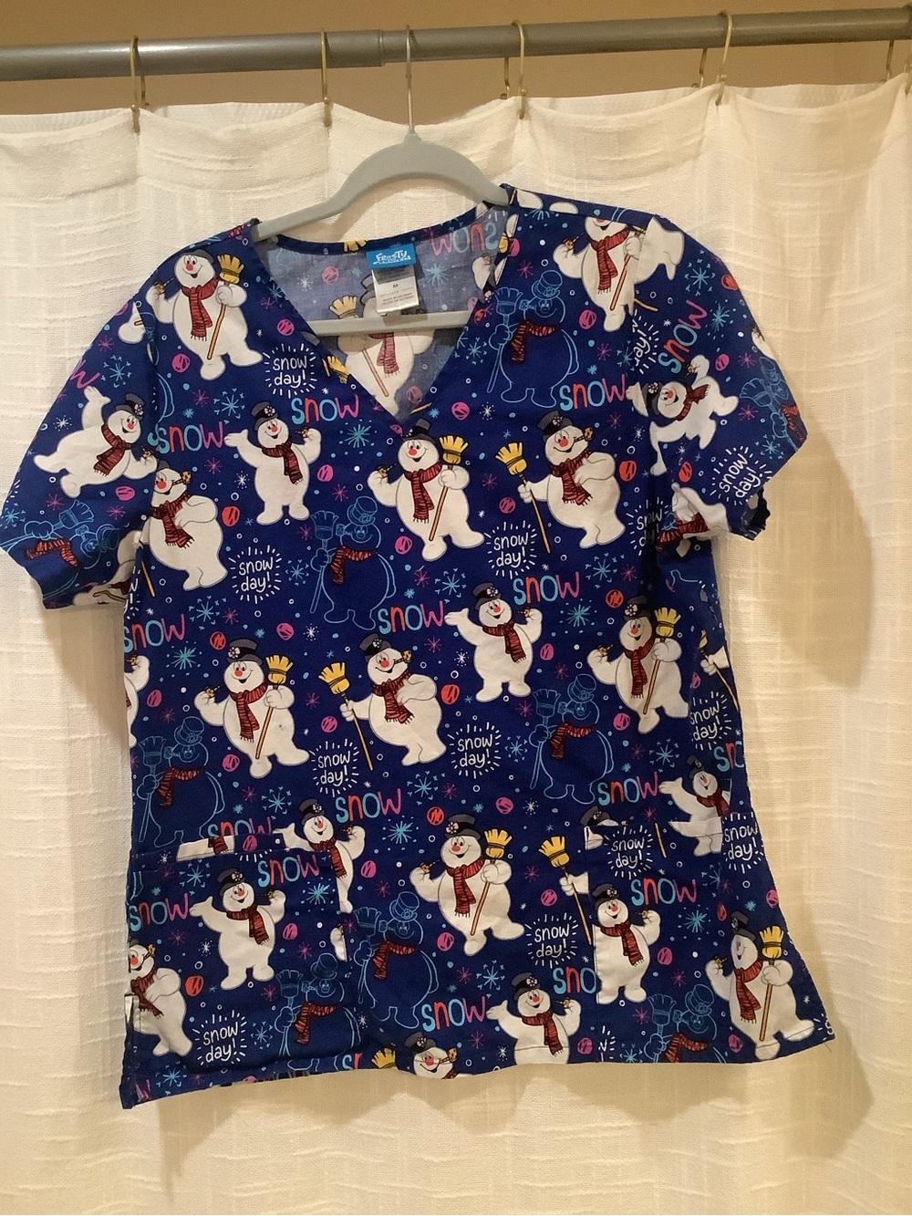 Holiday Scrubs Navy Blue Frosty the Snowman Print Women's Top